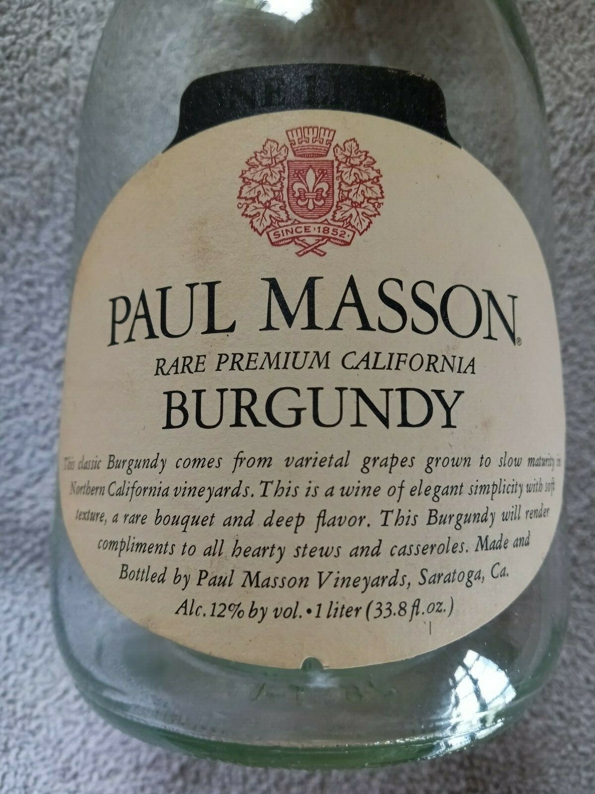 Vtg Paul Masson Glass Burgundy Wine Bottle Lid The California Carafe