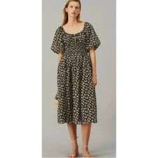 Tory Burch Smocked Midi Dress in Black Little Leaves Size Large