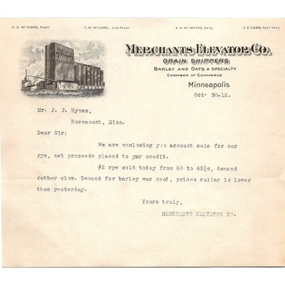 Merchants Elevator Co. H. D. McCord 1912 Minneapolis MN Letterhead Billhead SK4