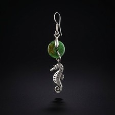 Single 925 Sterling Silver Seahorse Earring Green Jade Aventurine Donut Spare