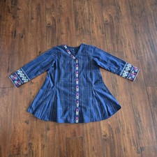 Embroidered Cotton Linen Fabric Denim Blue V Neck Top Size 12 Medium