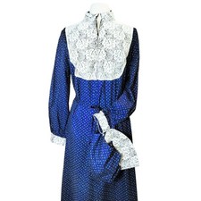 Vintage 70s Calico Prairie Dress with Bonnet, Lace Yoke, Navy Floral L-XL
