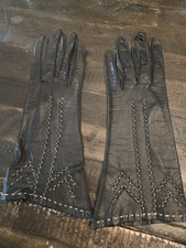 Vintage Womens Leather Driving Gloves W Hand Stitched Embellishments Black 6/2