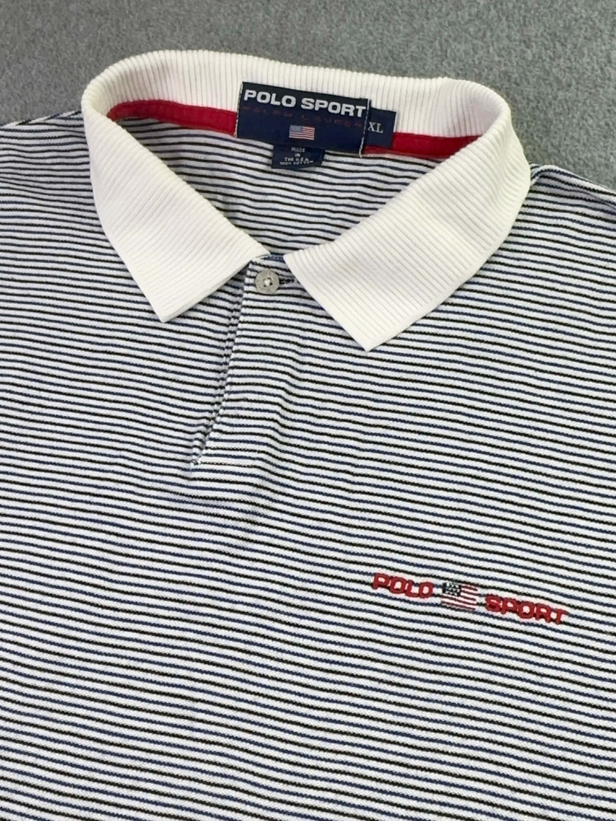 Vintage Polo Sport Ralph Lauren Mens XL Striped Polo Shirt USA Made Cotton Flag