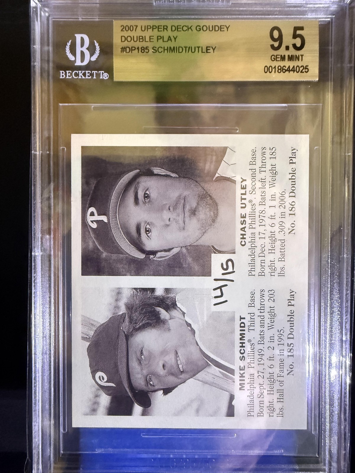 2007 Upper Deck Goudey #185 Mike Schmidt / Chase Utley Double Play #/15 BGS 9.5