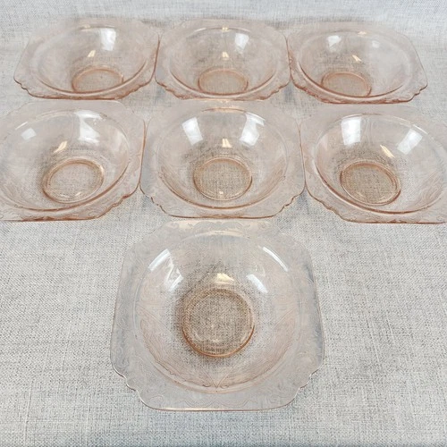 Federal Glass Madrid Pink Depression Glass Berry Bowls – Set of 7, 6” Square