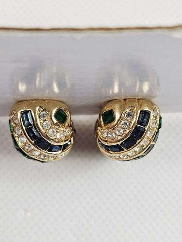 Christian Dior Green Blue & Clear Rhinestone Clip On Earrings Gold Tone MCM Vtg - Picture 5 of 18