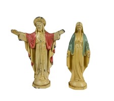Sacred Heart of Jesus Virgin Mary Cast Metal Statuettes Full Body Figurines Pair