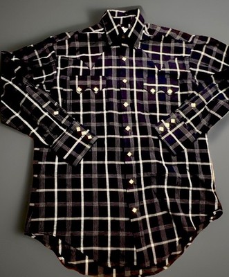 Vintage Rockmount Ranch Wear Flannel Blue Shirt Diamond Snap Western Cowboy L