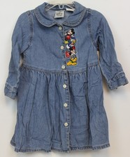 Vtg 90s Disney Store Denim Blue Dress Embroidered Mickey Minnie Donald Pluto 3T