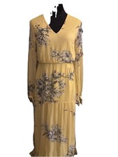 Floral Sheer Maxi Dress Sz S Yellow Tiered Boho Peasant Prairie Feminine Cottage
