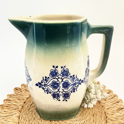 Antique Stained Crazed Farmhouse Stoneware Pitcher Vintage Blue & White 7 