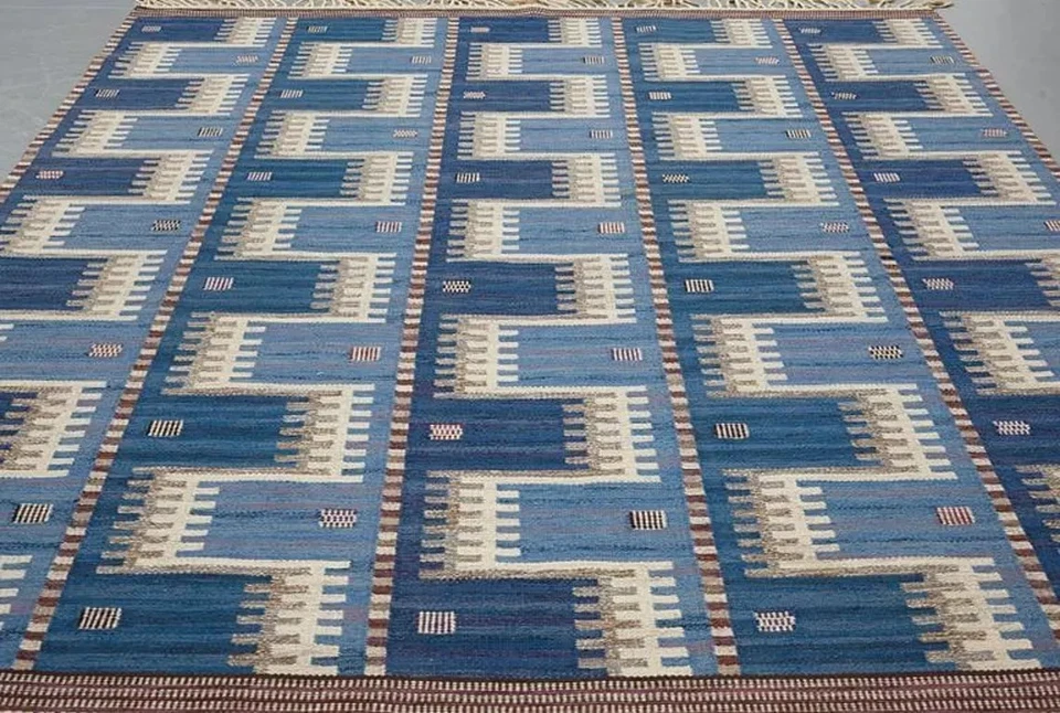 Geometric Flatweave Scandinavian Swedish Kilim Rug for Living Room Blue Area Rug - Image 4 of 4