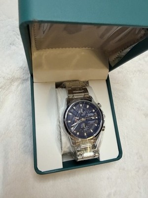 BIBI Blue Dial Chronograph Quartz Analog Watch Silver Metal Bracelet w/ Box