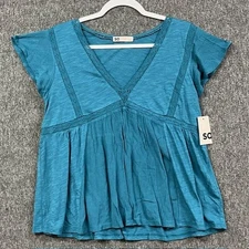 SO Goods For Life Top Womens Large Blue Boho Peplum V Neck Lace Blouse - NEW