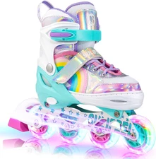 SULIFEEL Rainbow Unicorn Inline Skates for Girls Boys 4 Size Adjustable Light up