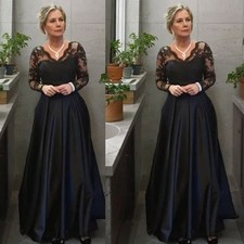 Mother of The Bride Dresses Long Sleeve Lace VNeck Satin Wedding Evening Gown