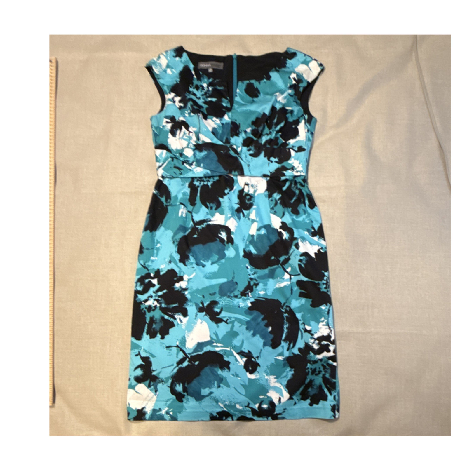 Donna Ricco Blue Black Floral Sleeveless Sheath Dress V Neck Knee Length Size 10