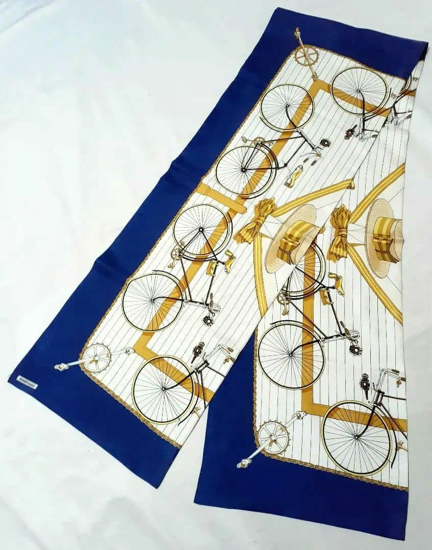 Hermes LES BECANES Long Silk Scarf White Blue 30cmx180cm Authentic Rare