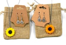 Hypo-allergenic Stainless Steel Sunflower Chain Necklace Earring Set Gift Pouch