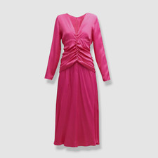 $235 Farm Rio Women's Pink Long-Sleeve Ruched-Waist Midi Dress Size L