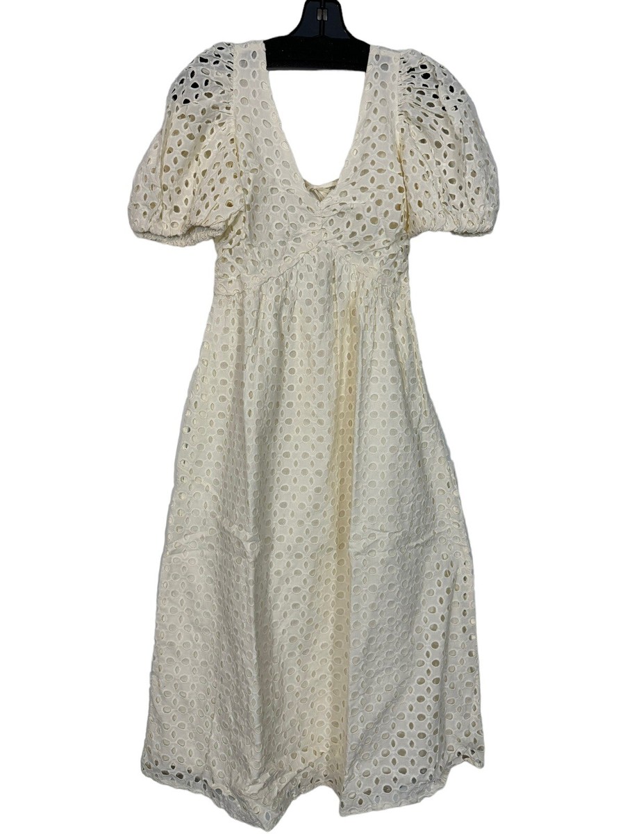 NEW OAK + FORT Eyelet Midi Dress Short Sleeve V Neck Sz XS Coconut Milk  Womens