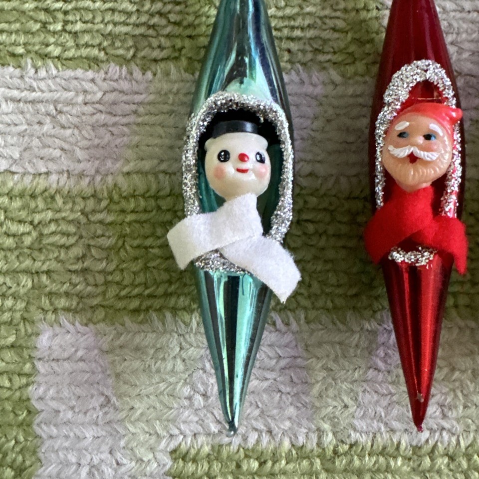Vtg Glass Teardrop Diorama Xmas Ornaments Snowman Santa Pixie Elf