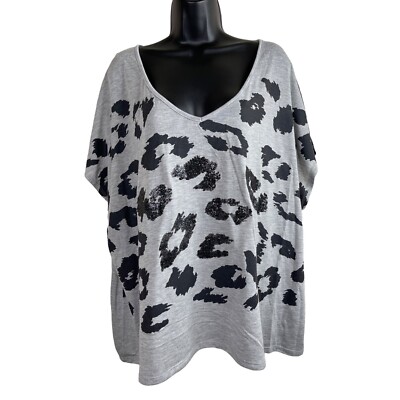 Bongo Top Womens Plus Size 3X Short Sleeve Oversized Gray Black Leopard ...