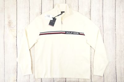 TOMMY HILFIGER OFF WHITE CREAM STRIPE LOGO XL HALF ZIP MOCK SWEATER MENS DEFECT