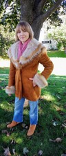 Tobacco Gold Shearling 3/4 Coat With Fox Fur Trim