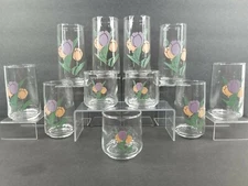 11 Libbey Crisa Tulips Glass Tumbler Set Vintage Pink Purple Pastel Flower Retro