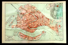 1909 Old TOPOGRAPHIC MAP; VENICE CITY AND PORT WITH VENETIAN LAGOONS.. MEYERS ETNA