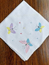 Vintage Handkerchief Hankie Embroidered Butterflies Pastel Applique