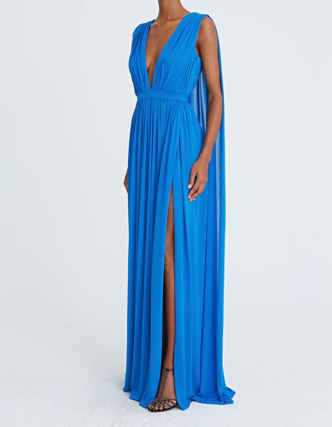 NWT Authentic Halston Ashley Jersey VNeck Gown Dress in Azure MSRP