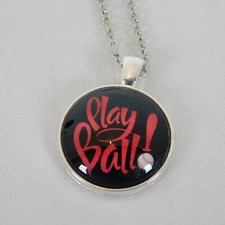 Play Ball Baseball Softball Silver Tone Cabochon Pendant Chain Necklace Round
