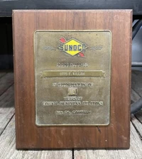Vintage SUNOCO Motor Oil Business Relations 10yr Appreciation Award Plaque Sign