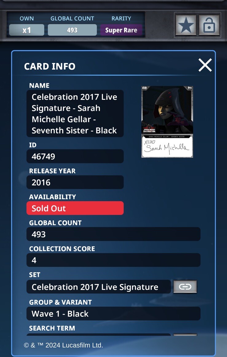 Topps Star Wars SARAH MICHELLE GELLAR LIVE Auto SEVENTH