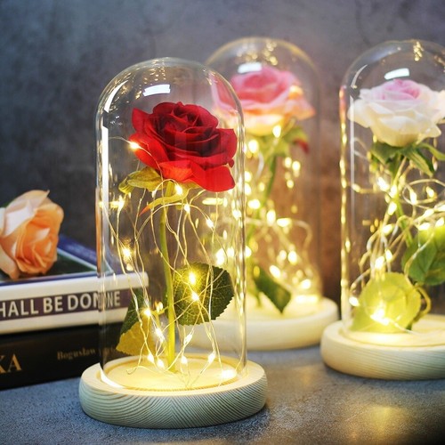 Rose Glasfuß Kuppel LED Blume Geschenk Licht Wohndeko schwarzer Sockel rot Valentinstag  - Bild 7 von 7