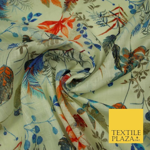 Leafy Flower Berries Summer Luxury 100% Pure Printed Floral Cotton Linen Fabric - Picture 4 of 13