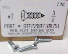 #7x3/4 Flat Head Phillips Tapping Screws Steel Zinc Plated (100)