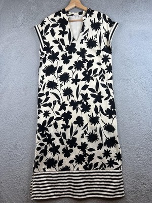 Zoe And Claire Dress Womens Medium White Floral Stripe V Neck Shift Midi Casual