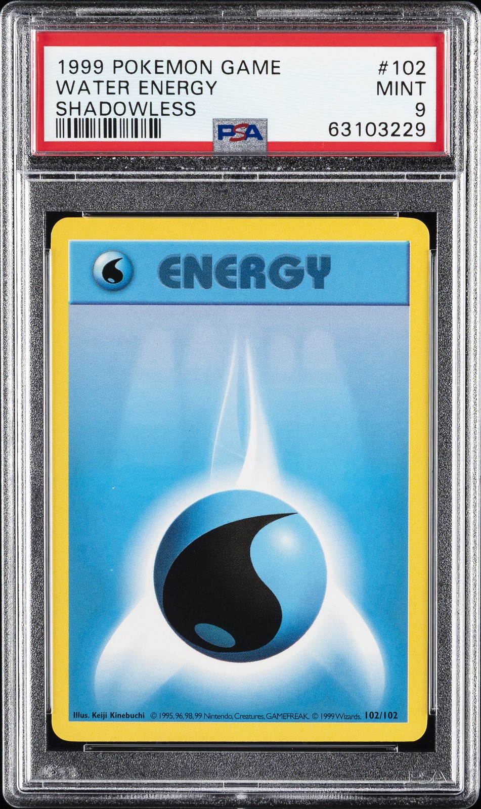 1999 POKEMON BASE SET SHADOWLESS #102 WATER ENERGY PSA 9