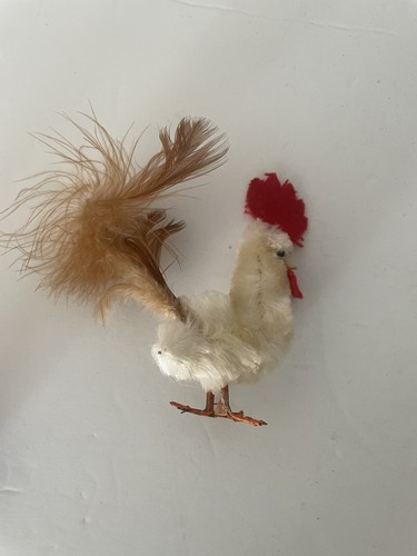 Vintage Easter Cotton Chenille Rooster With Tail Feather & Wire Feet - Picture 2 of 6