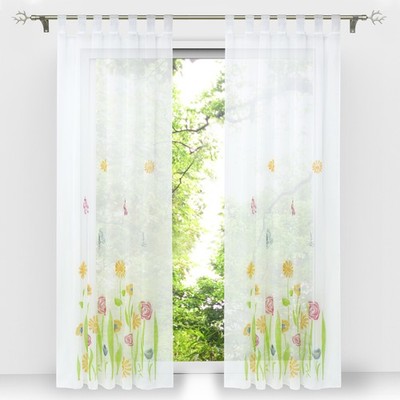 1er Gardinen Stores mit Schlaufen Blumendruck Vorhang Transparent Dekoschal Weiß