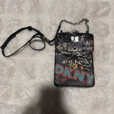 DKNY Elissa Graffiti Crossbody Bag Cellphone Purse Black Multicolor Logo PVC