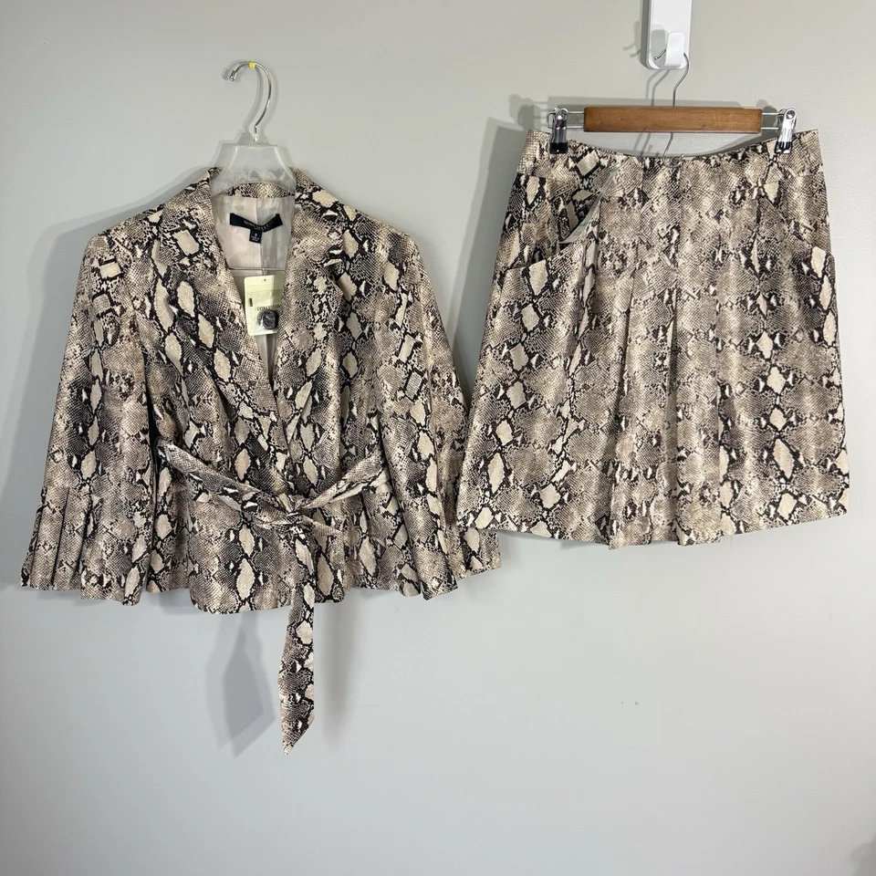 De Colección Nine West Falda Traje Marrón Estampado Serpiente Plisado Cinturón Blazer Talla 8 Nuevo Foto 2 de 4
