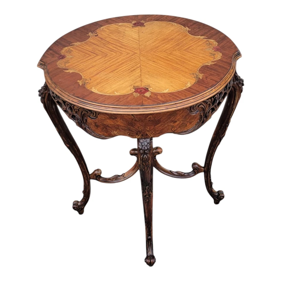 1940s Italian Walnut & Satinwood Inlay Carved Side Sofa Occasional Table - Image 2 of 4