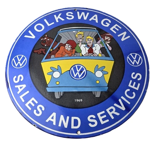Vintage Volkswagen Sign - Porcelain VW Bus Service Scooby Doo Gas Sign