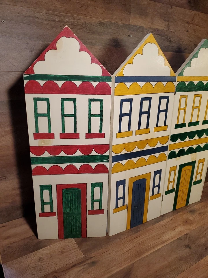 Vintage Hand-Painted Large Wooden Fireplace Screen with Home School Town 40"x28" - Image 2 of 4