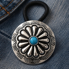 Kids Concho Hair Tie Small Western Medallion with Turquoise Blue Accent Stone